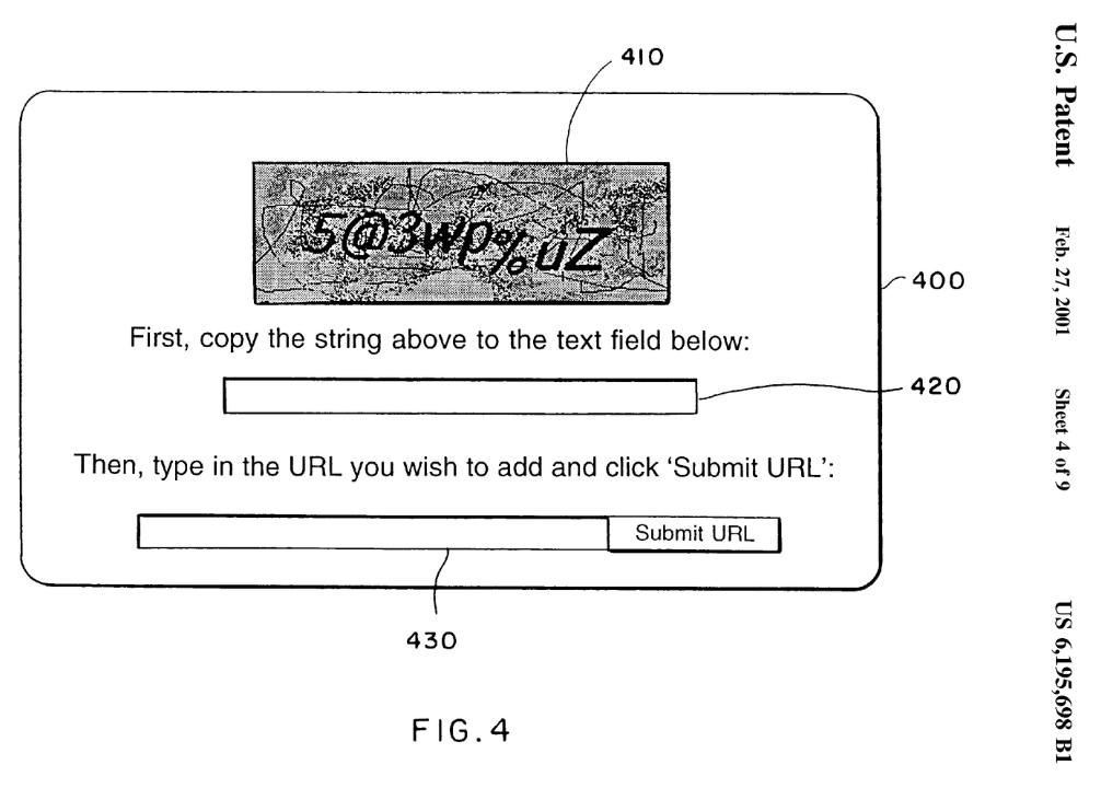An except from the patent showing a text based/ OCR captcha