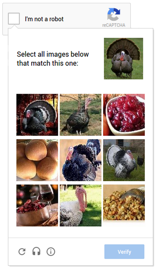 An example of an image labeling reCAPTCHA, about turkeys