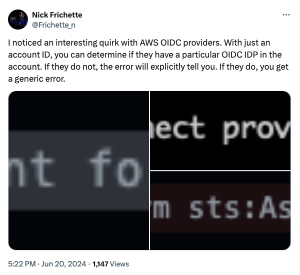 A screenshot of nick's tweet - noting With just an account ID, you can determine if they have a particular OIDC IDP in the account.