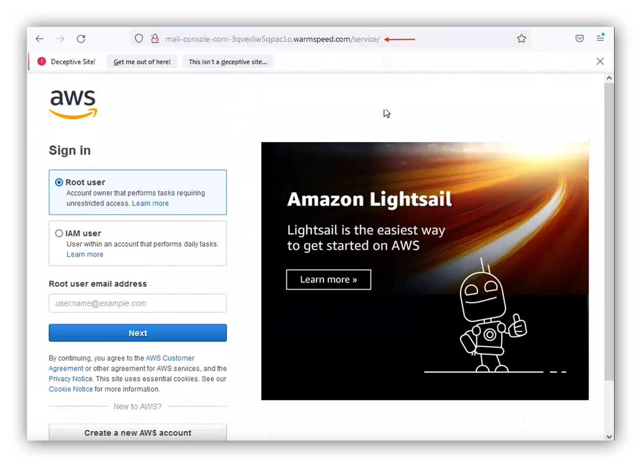 Page spoofing AWS signin for root user