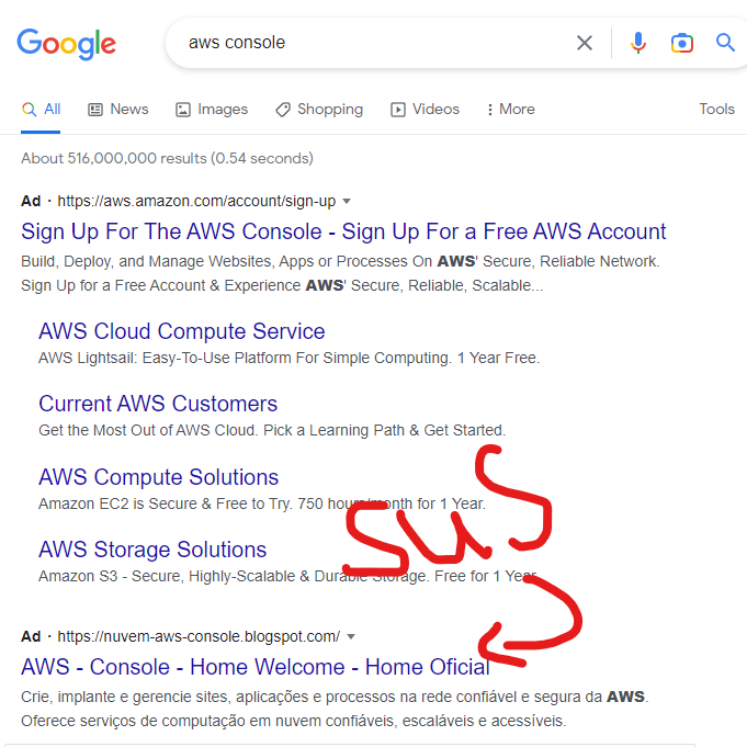 screenshot of a google search result containing a phishing page ad for the term 'aws console'