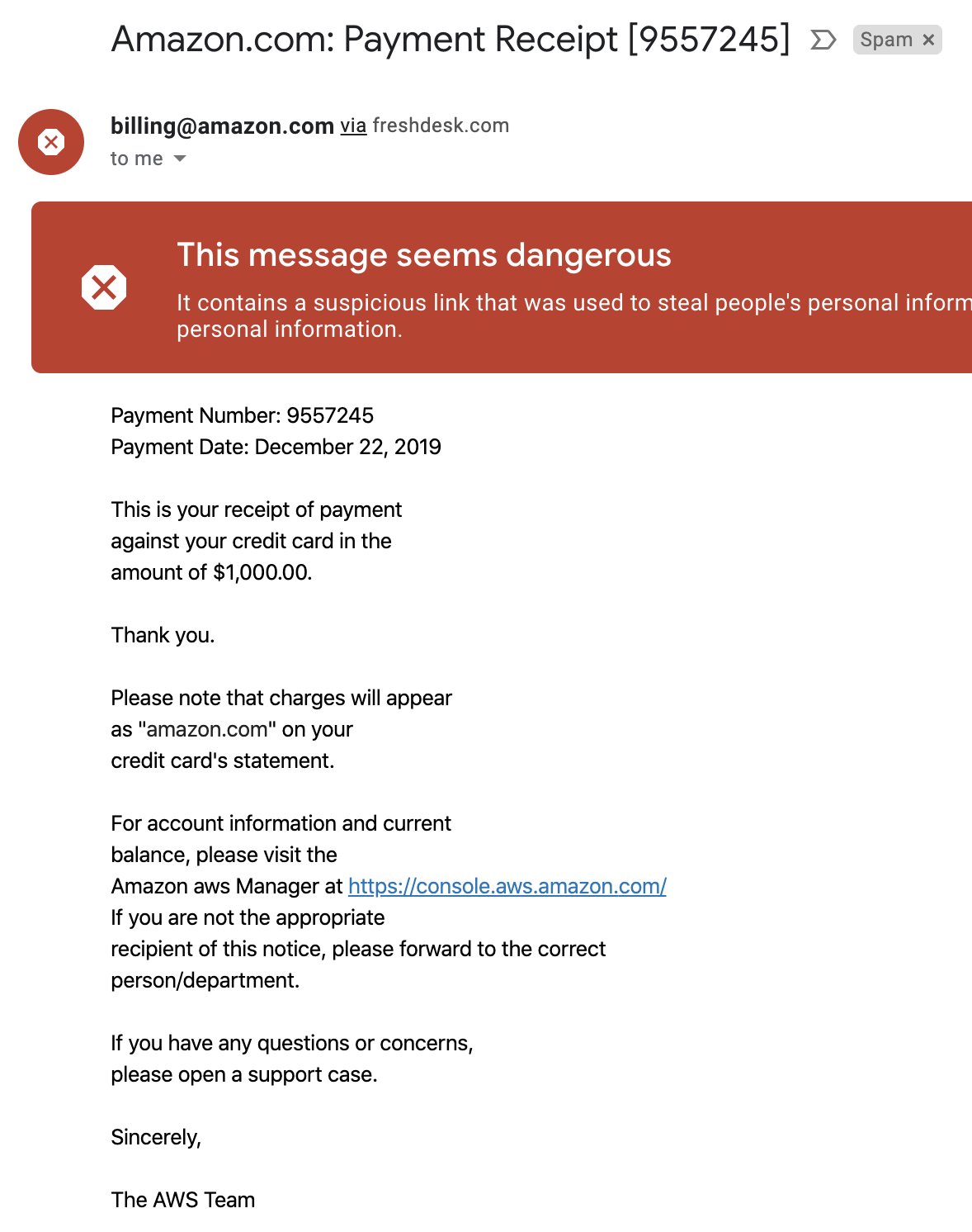 Amazon $1000 payment spam email screenshot