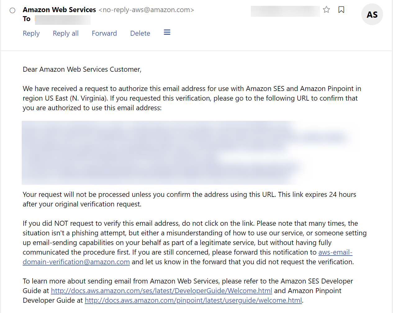 screenshot of an email verification email from SES