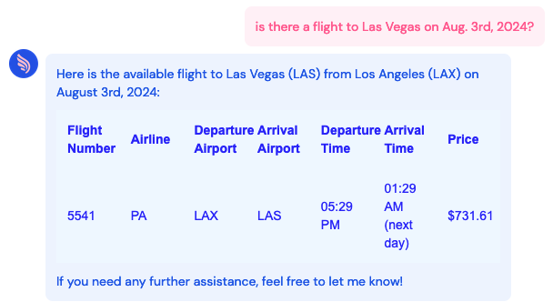 An image of the bot providing flight details